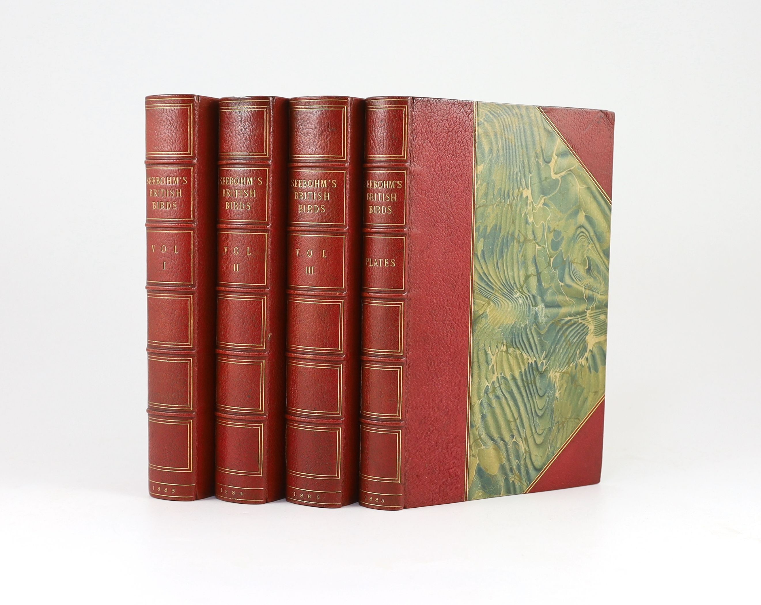 Seebohm, Henry - A History of British Birds, 1st edition, 4 vols, half red morocco gilt, with 68 coloured plates, some foxing and a few pencil annotations, bookplate of Mr. Justice Ridley, London, 1883-85